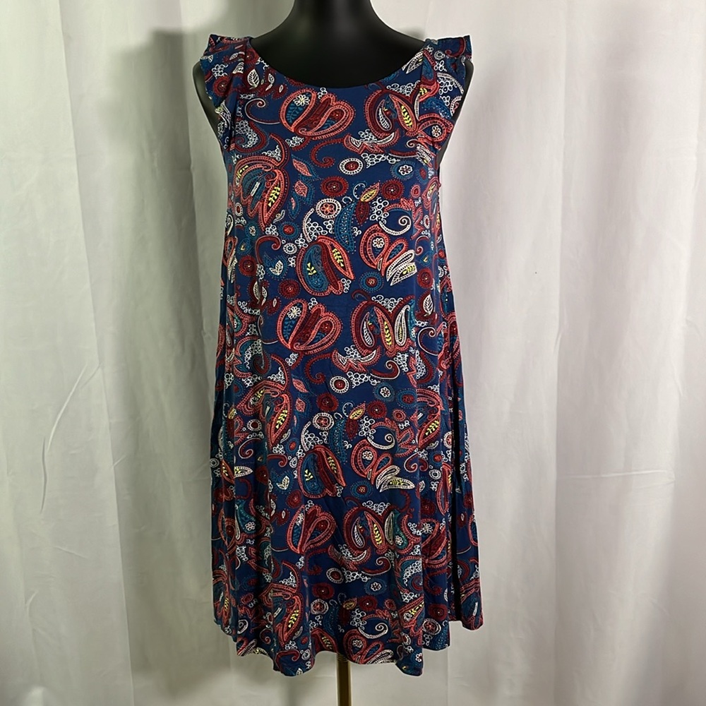 NWT LOFT Navy & Pink Paisley Print Cross Back Ruffle Sleeve Mini Dress
